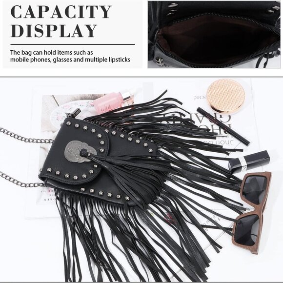 Leather Skull Fringe Purses for Women Black Tassel Shoulder Crossbody Bag Unique - Picture 3 of 6